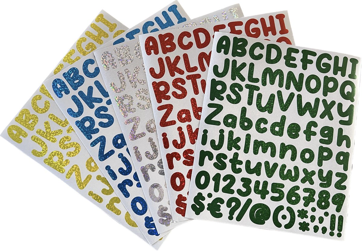 plakletters glitter | 5 kleuren | 5 vellen plus extra 5 vellen